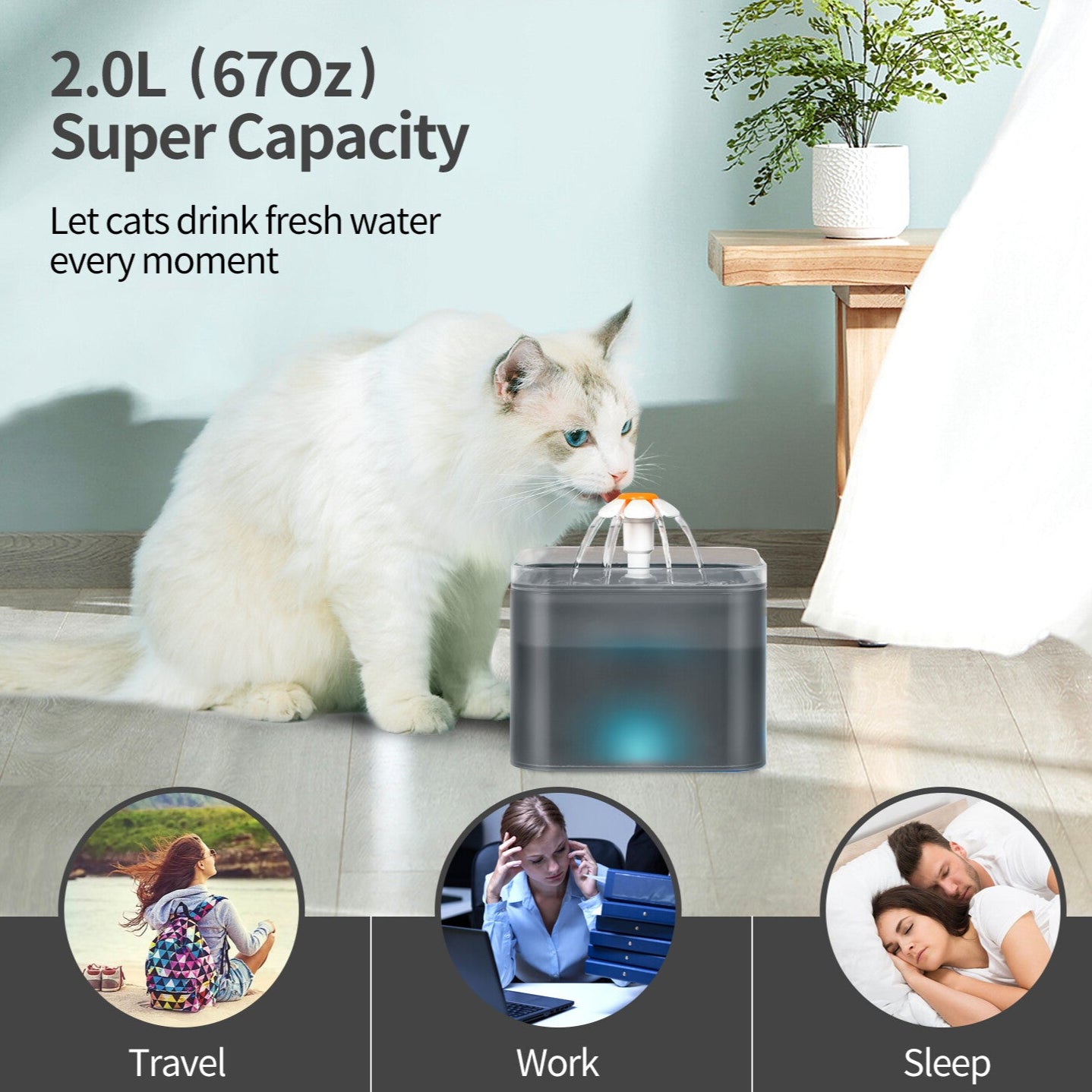 2L Pet Dog Cat Water Fountain Automatic LED Auto Dish Drinking Dispenser Bowl